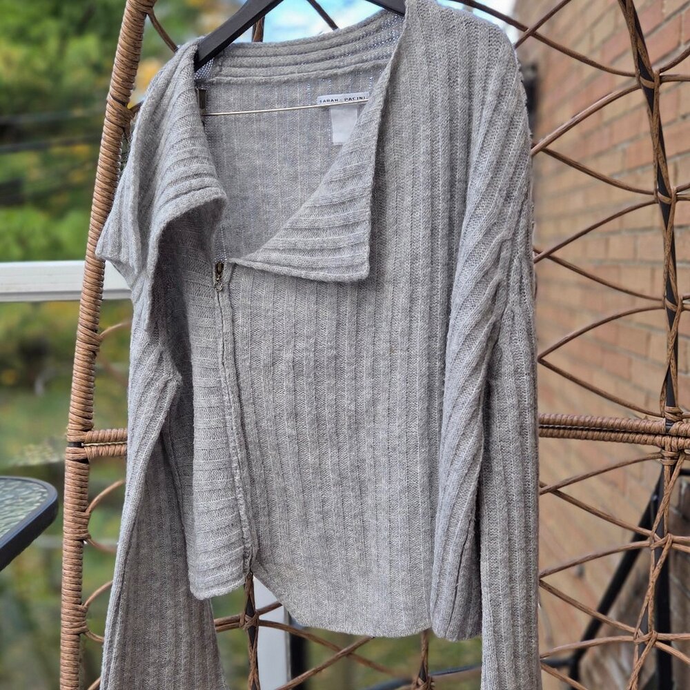 Sarah Pacini Light Gray Ribbed Zip-Front Cardigan Sweater - Picture 2 of 8